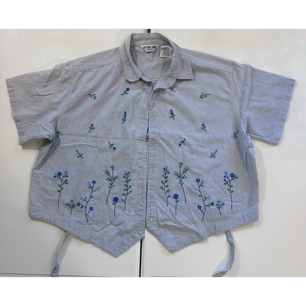 Vintage Floral Embroidered Button Top 3X Cottagecore Tie Waist Blouse
